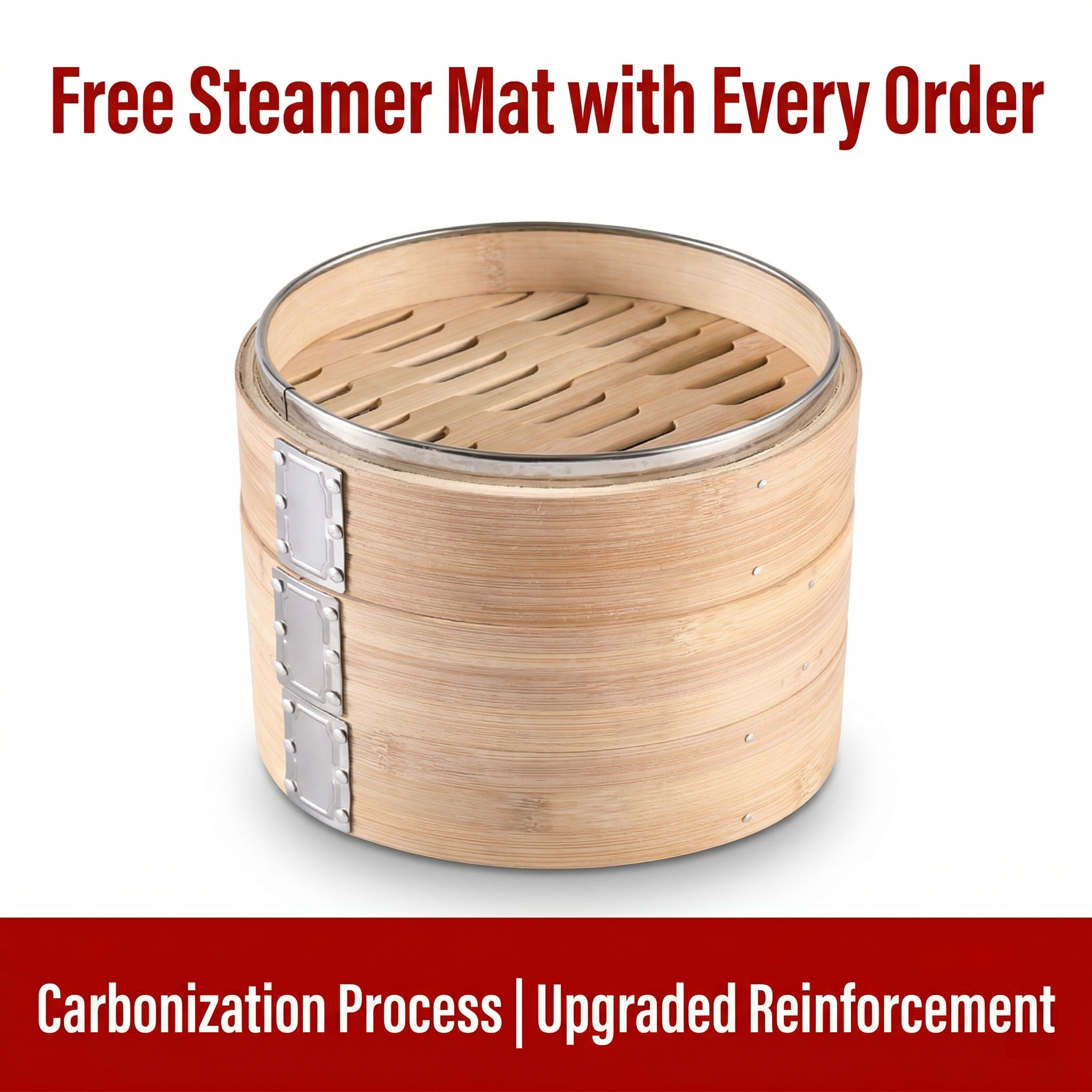 Handcrafted Carbonized Bamboo Steamer, Stainless Steel Reinforced