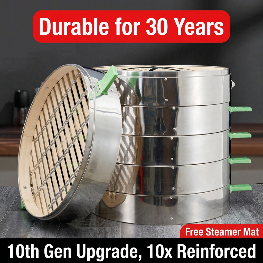 Premium Bamboo Steamer with Reinforced Steel Edges