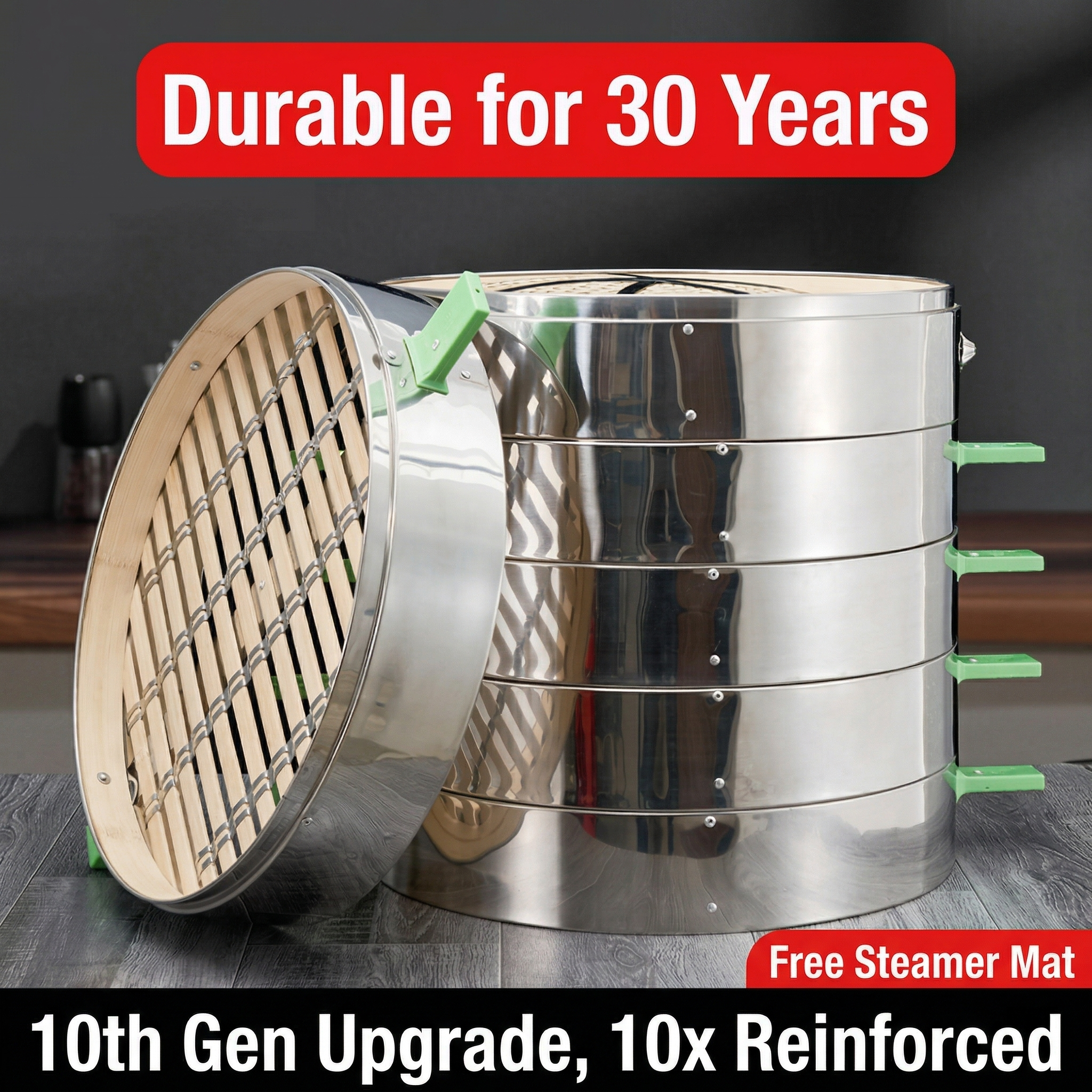 Premium Bamboo Steamer with Reinforced Steel Edges