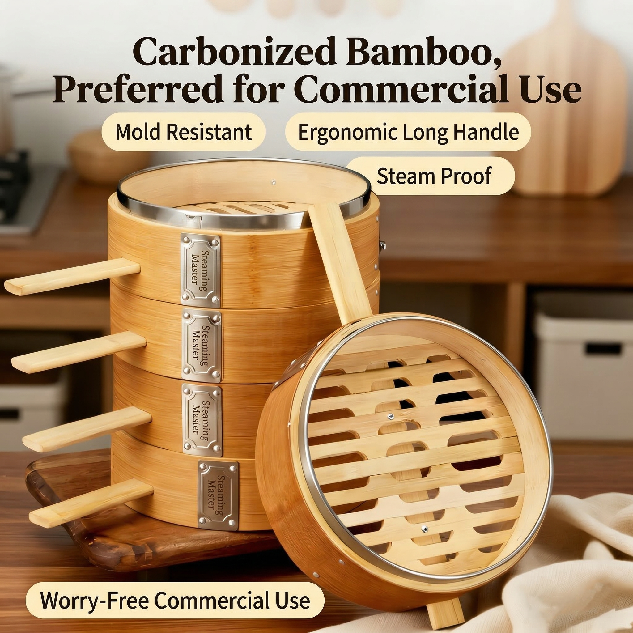 Durable Carbonized Bamboo Steamer with Name Tag