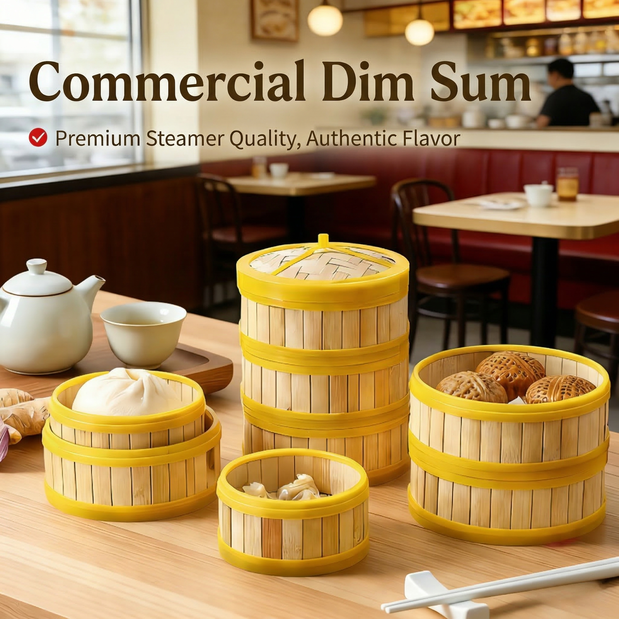 Commercial Bamboo Steamer with Plastic Rim - Breathable Hollow Base
