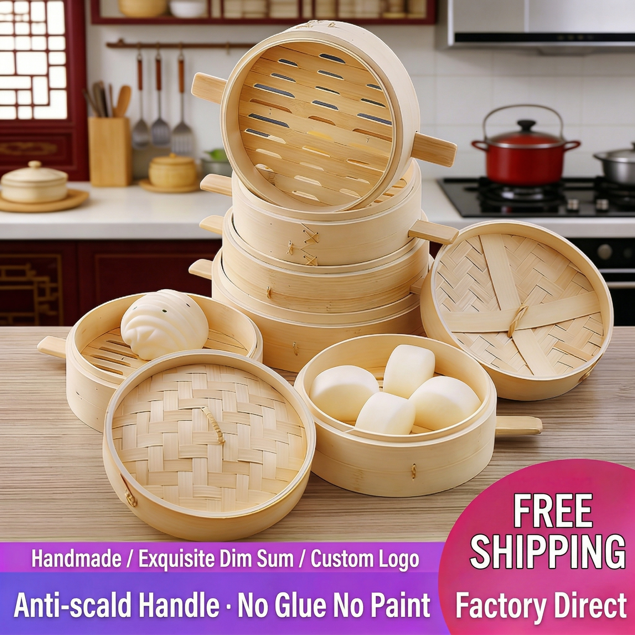 Traditional Asian Bamboo Steamer-Multiple Sizes & Customization Supported