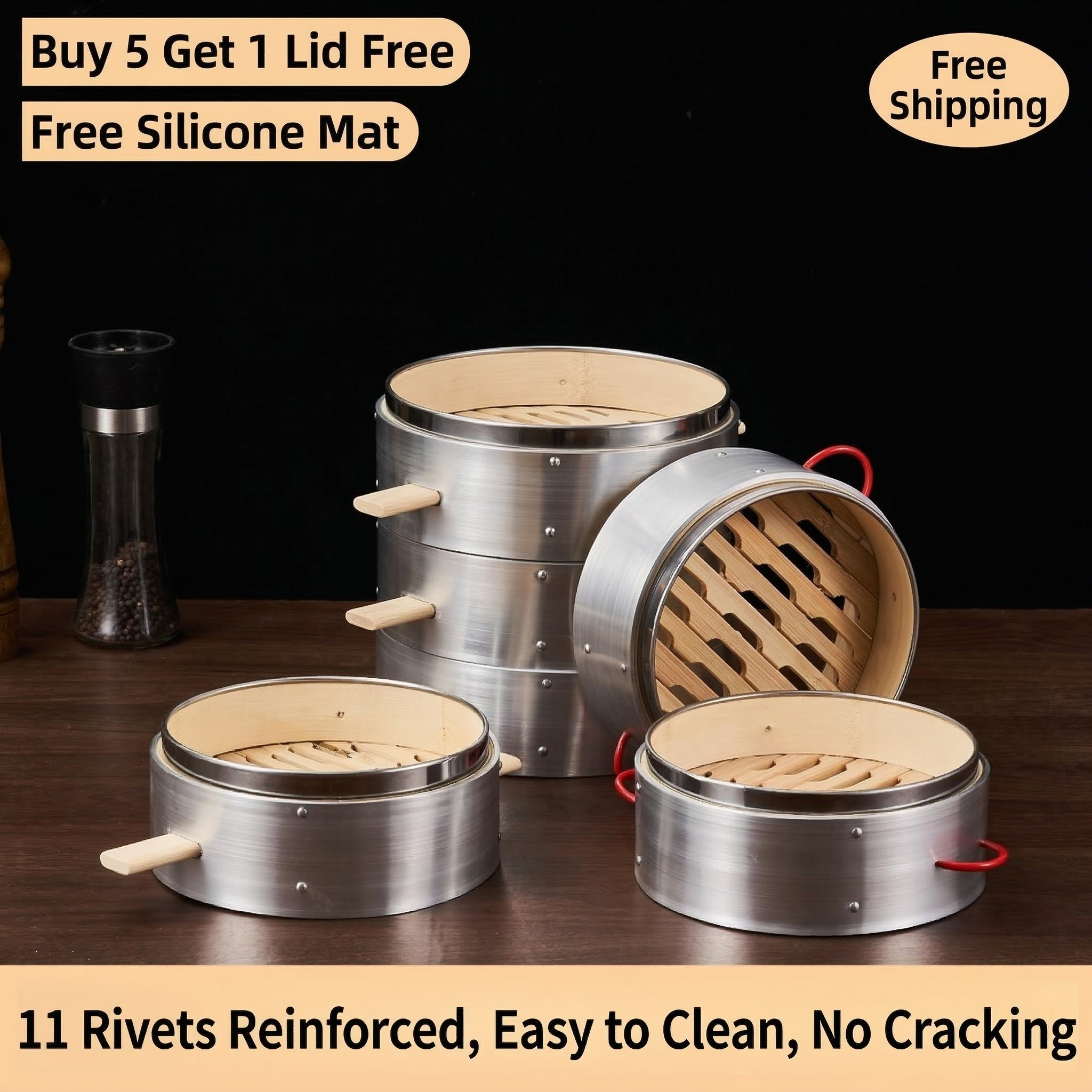 Premium Red Handle Bamboo Steamer-5-Year Durability Aluminum Reinforced Steam Cage
