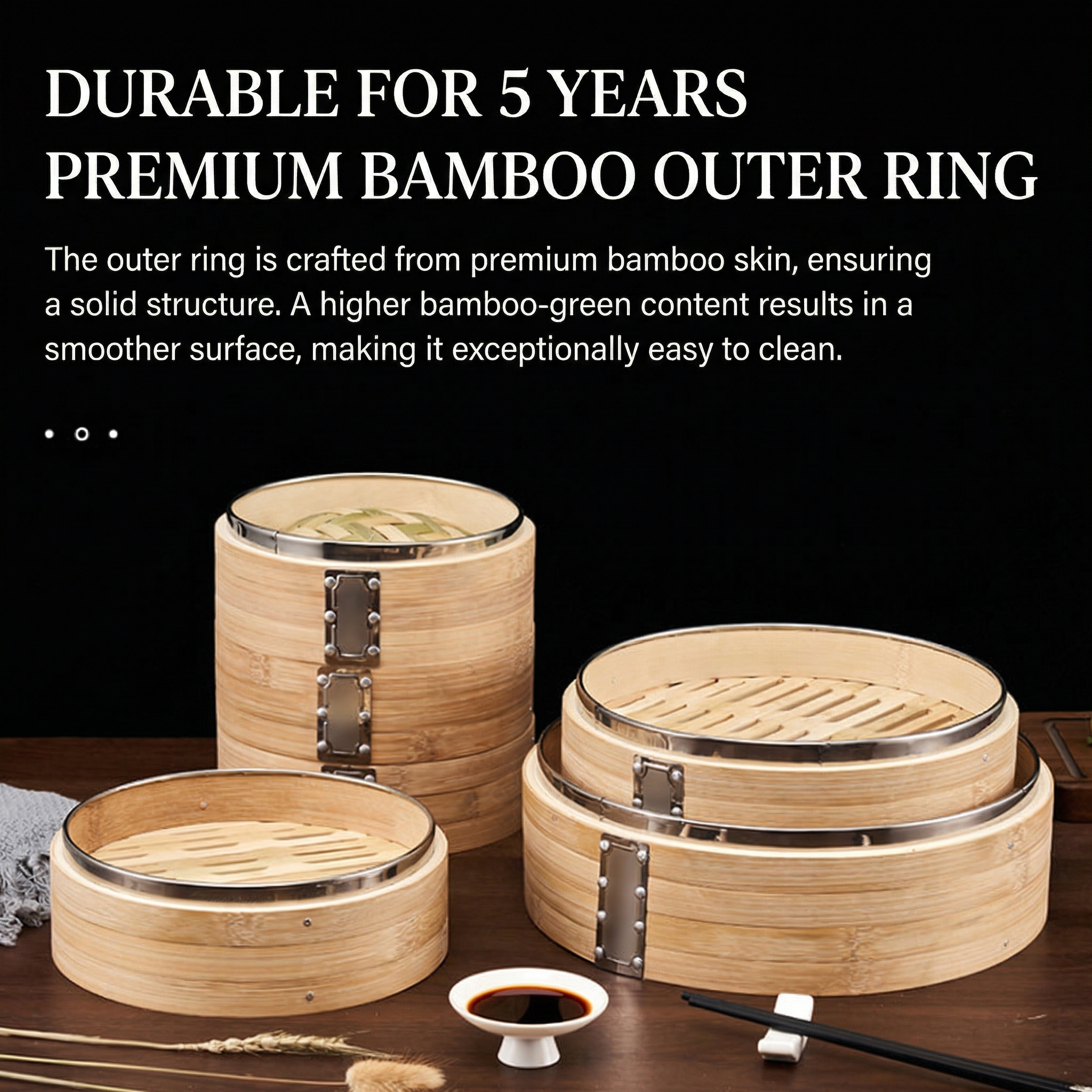 Handcrafted Carbonized Bamboo Steamer, Stainless Steel Reinforced