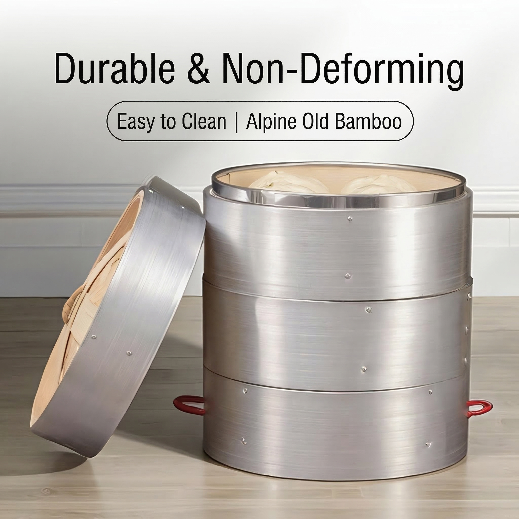 Premium Red Handle Bamboo Steamer-5-Year Durability Aluminum Reinforced Steam Cage