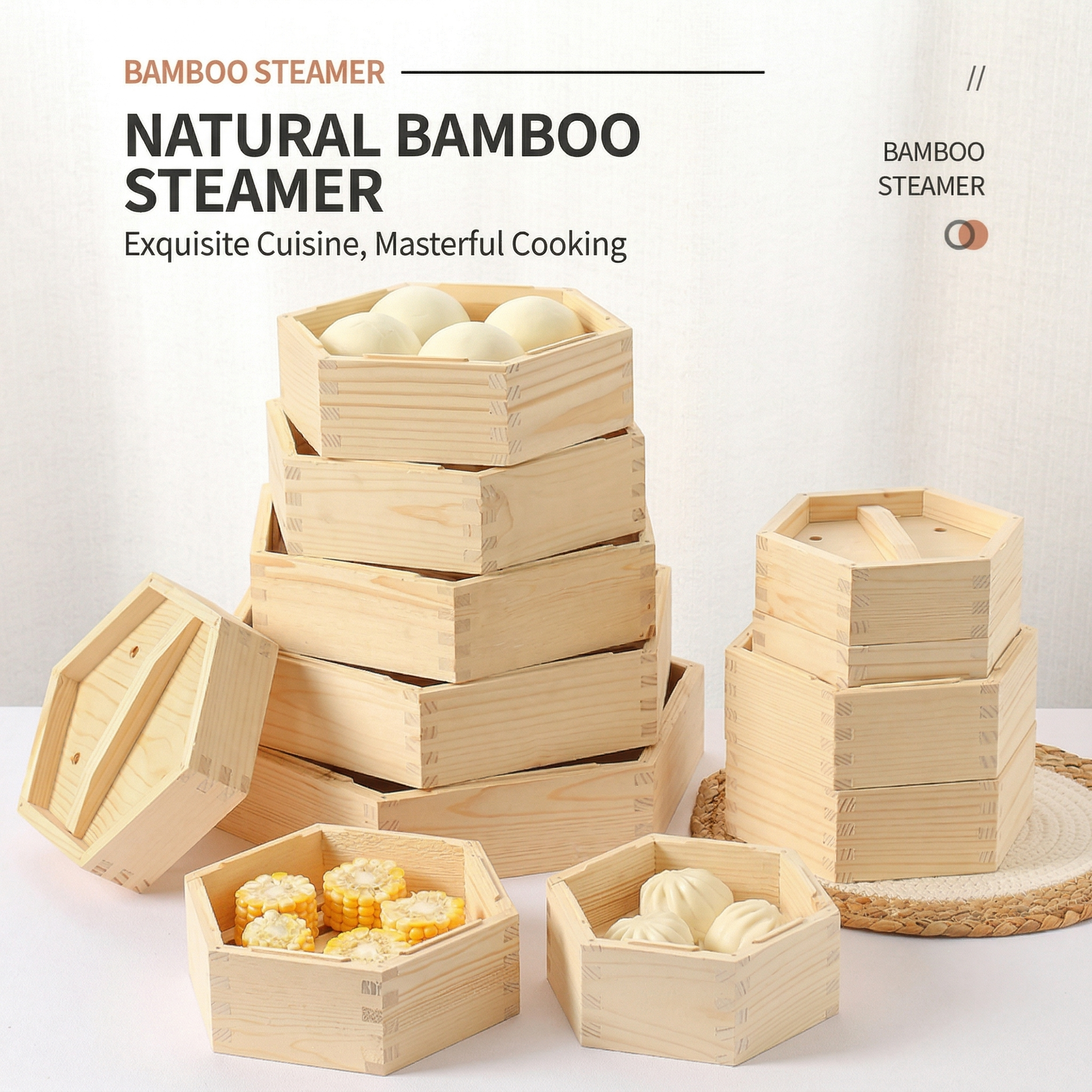 Hexagonal Wooden Steamer Basket - Premium Dim Sum Steamer for Dumplings & Buns