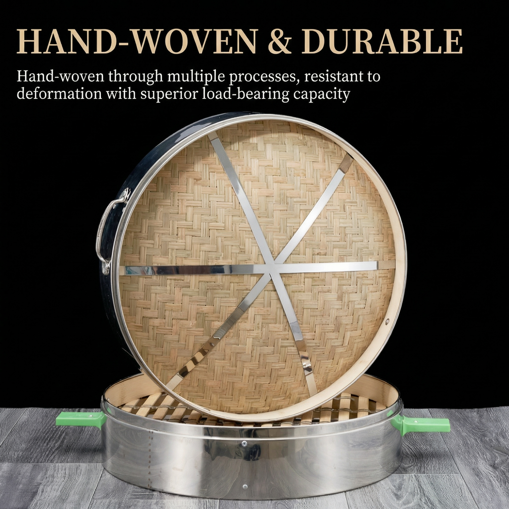 Premium Bamboo Steamer with Reinforced Steel Edges