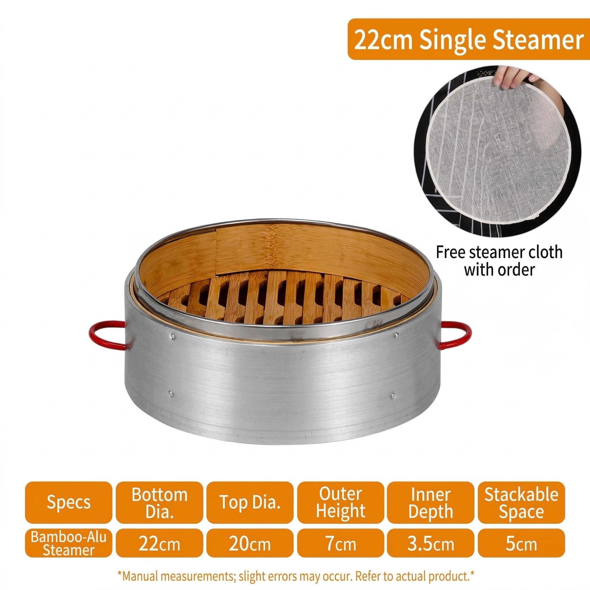 Premium Red Handle Bamboo Steamer-5-Year Durability Aluminum Reinforced Steam Cage