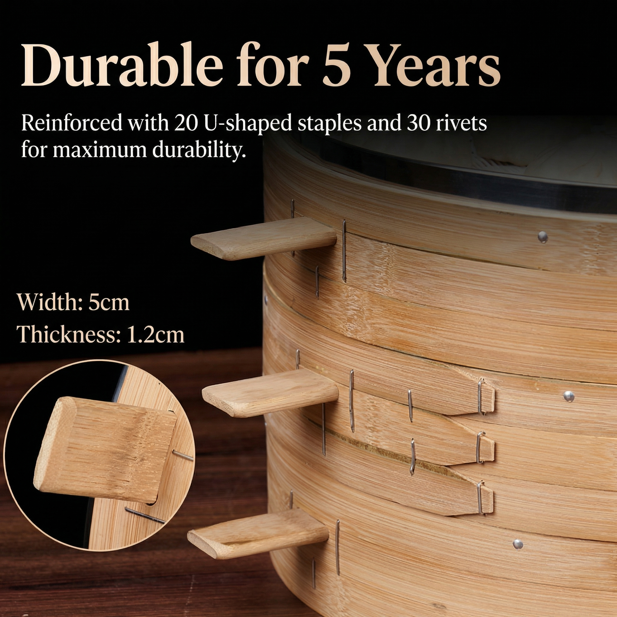 Handmade Carbonized Bamboo Steamer-Staple Reinforced