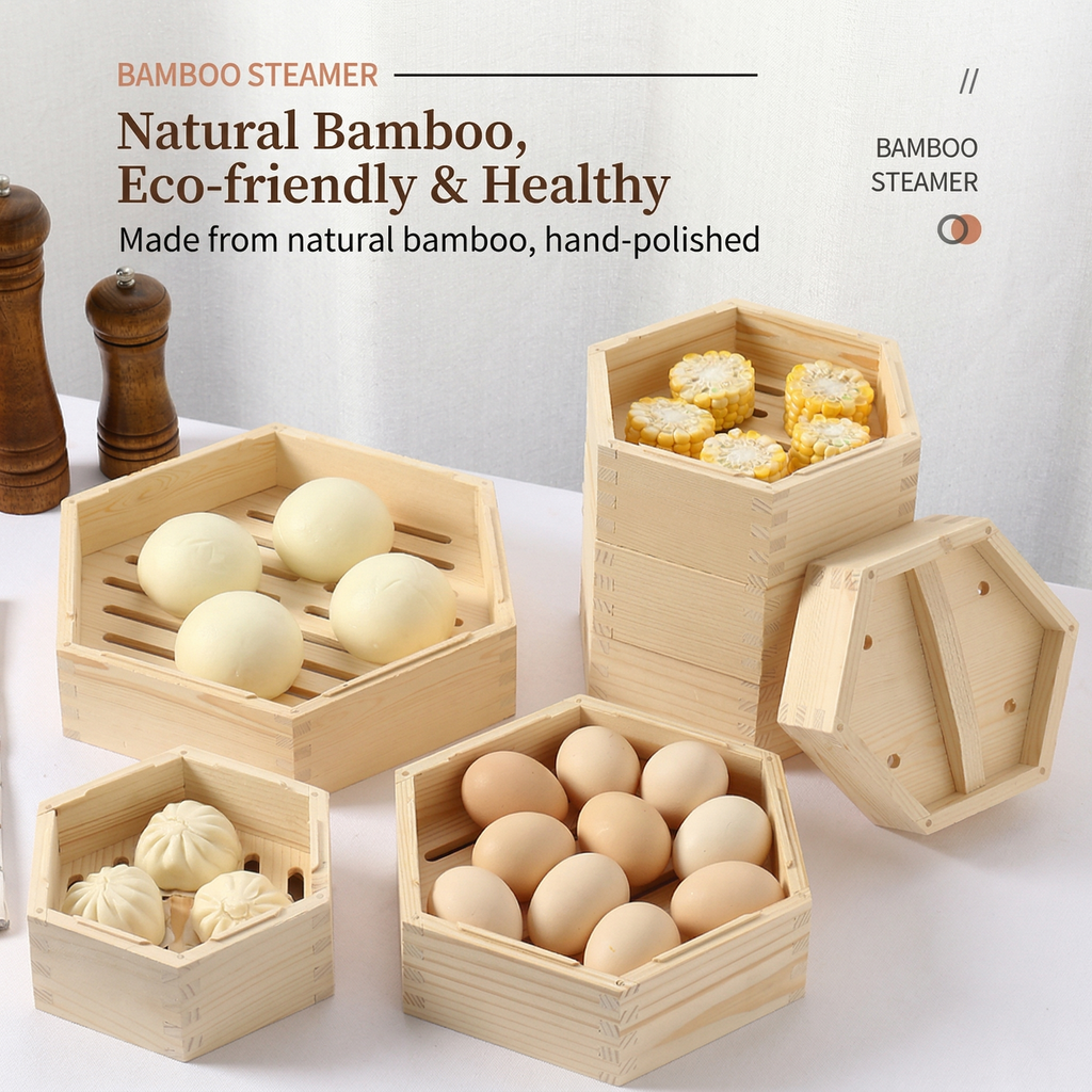 Hexagonal Wooden Steamer Basket - Premium Dim Sum Steamer for Dumplings & Buns