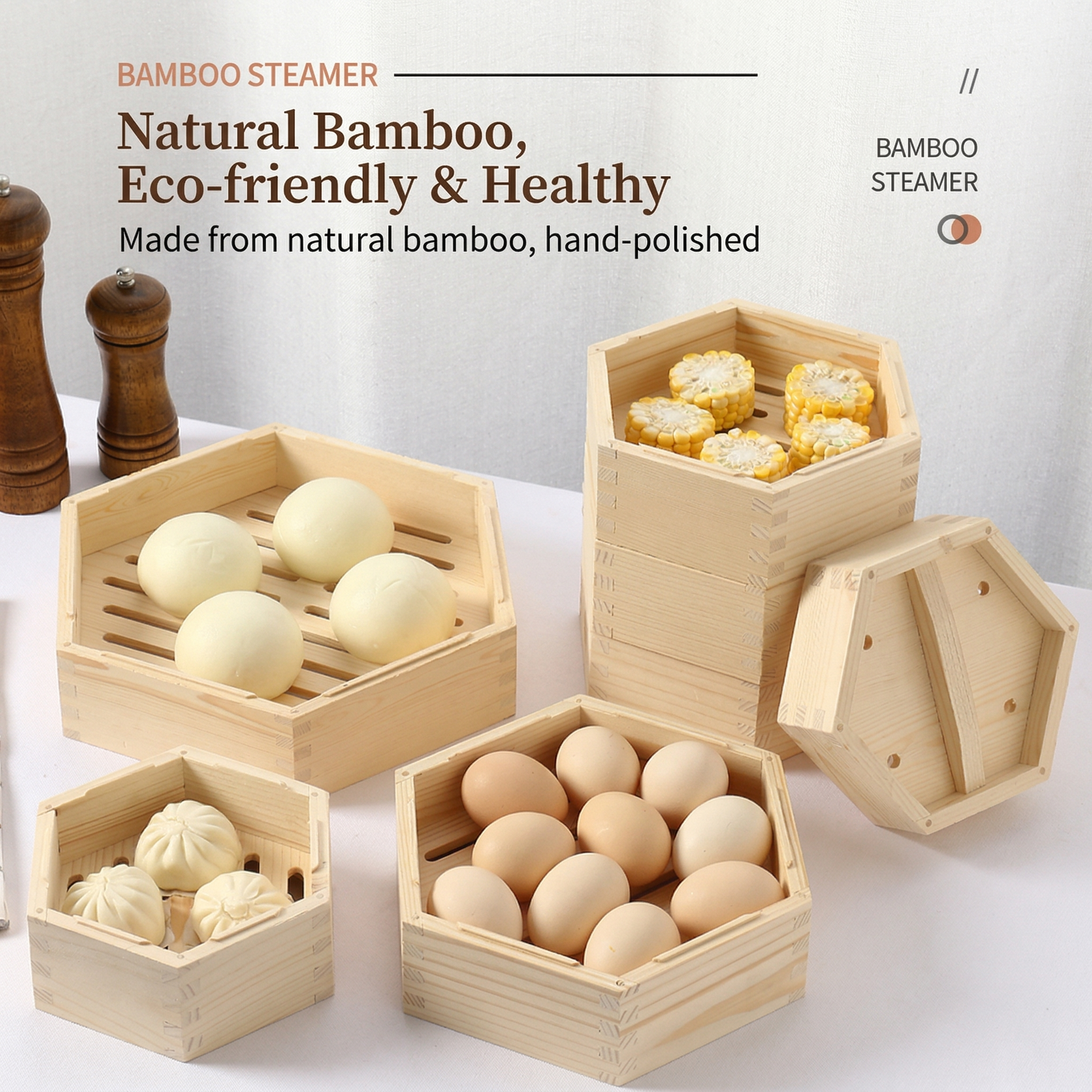 Hexagonal Wooden Steamer Basket - Premium Dim Sum Steamer for Dumplings & Buns