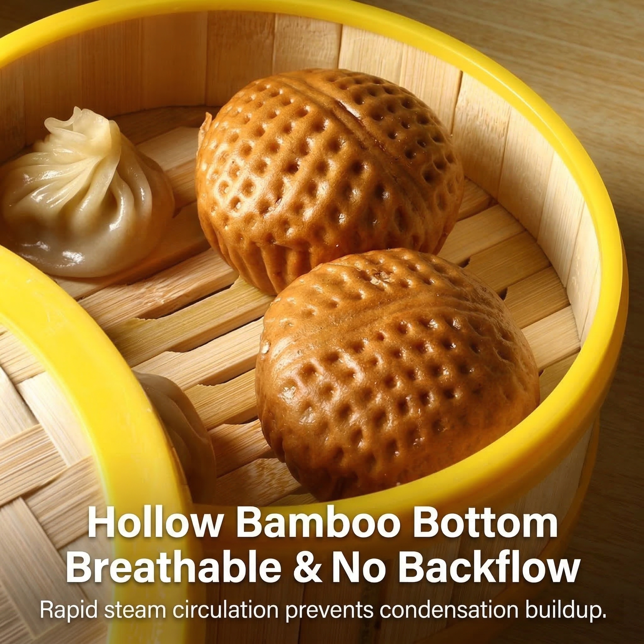 Commercial Bamboo Steamer with Plastic Rim - Breathable Hollow Base