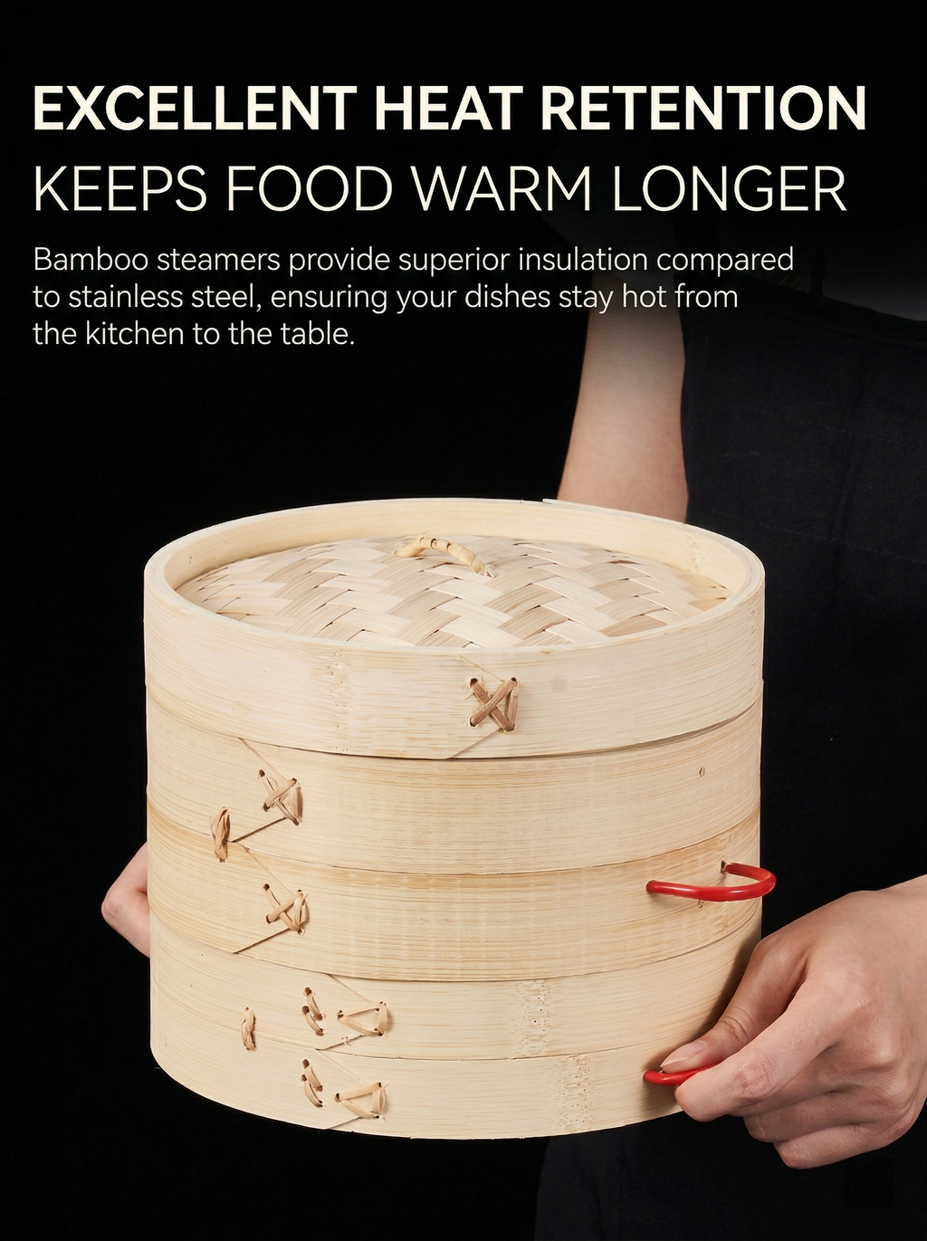 Natural Bamboo Steamer Double Handles - Healthy Steaming for Dumplings, Rice & More