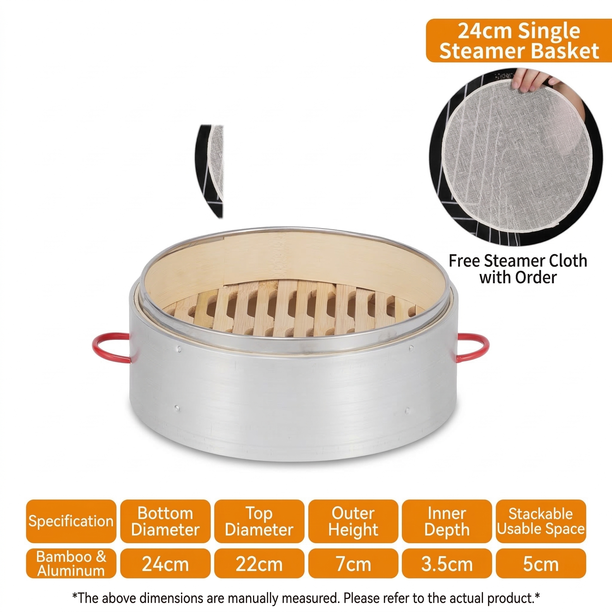Premium Red Handle Bamboo Steamer-5-Year Durability Aluminum Reinforced Steam Cage