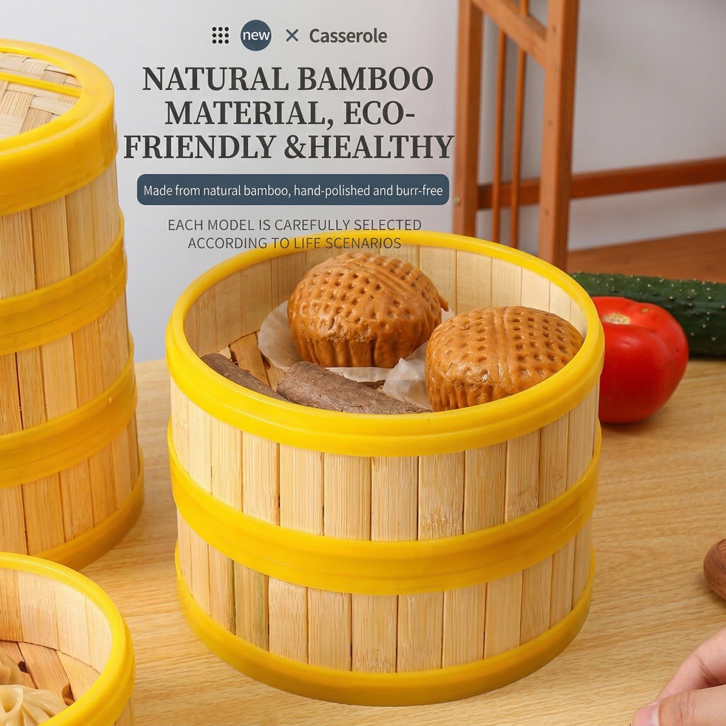 Commercial Bamboo Steamer with Plastic Rim - Breathable Hollow Base