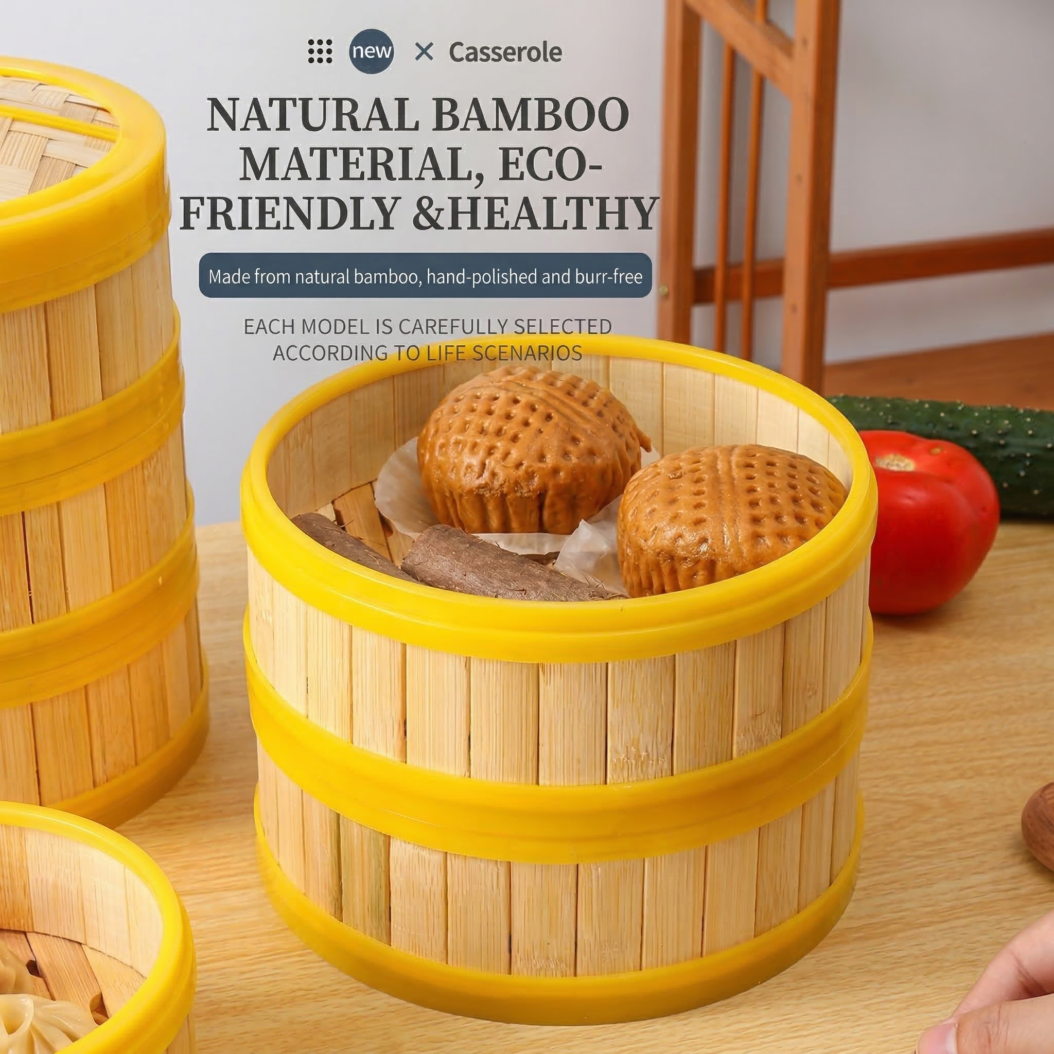 Commercial Bamboo Steamer with Plastic Rim - Breathable Hollow Base