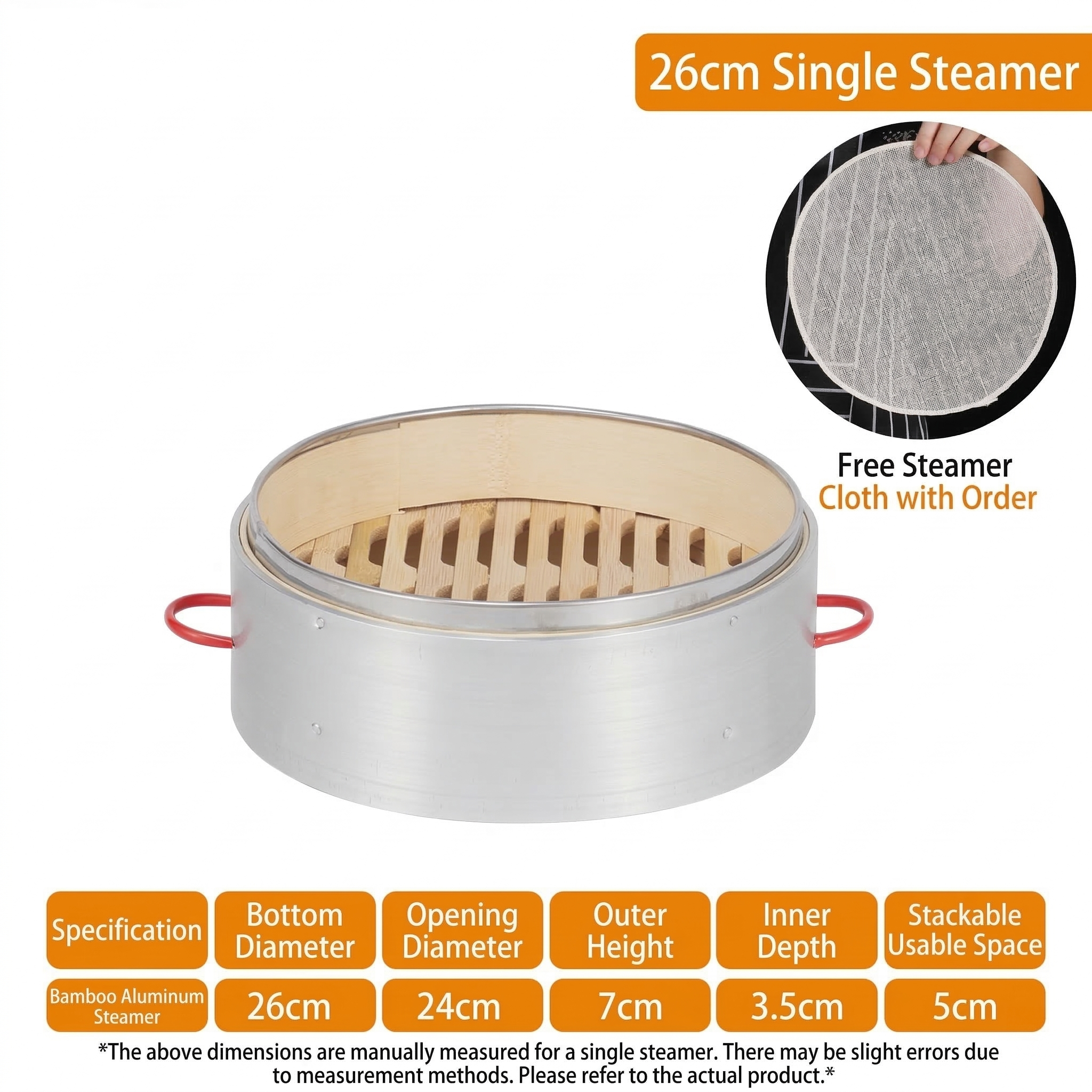 Premium Red Handle Bamboo Steamer-5-Year Durability Aluminum Reinforced Steam Cage