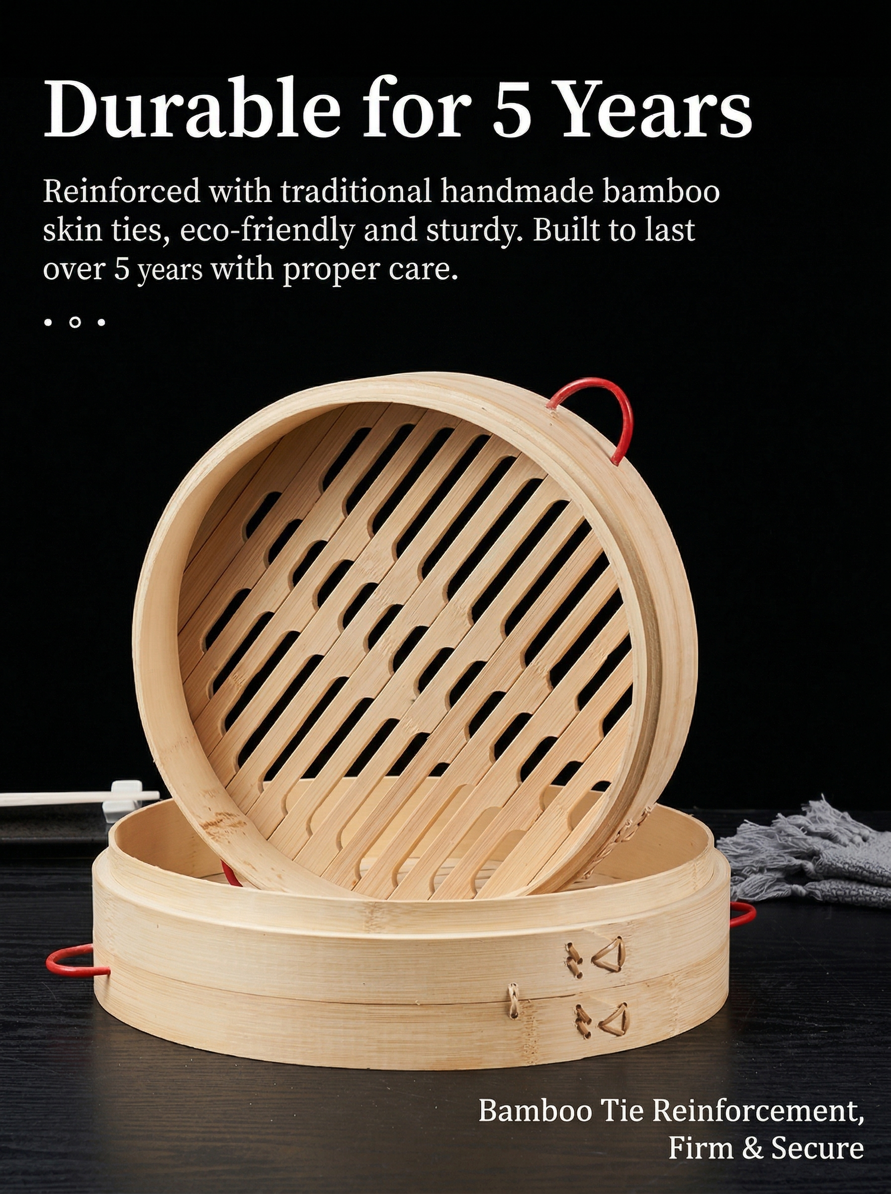 Natural Bamboo Steamer Double Handles - Healthy Steaming for Dumplings, Rice & More