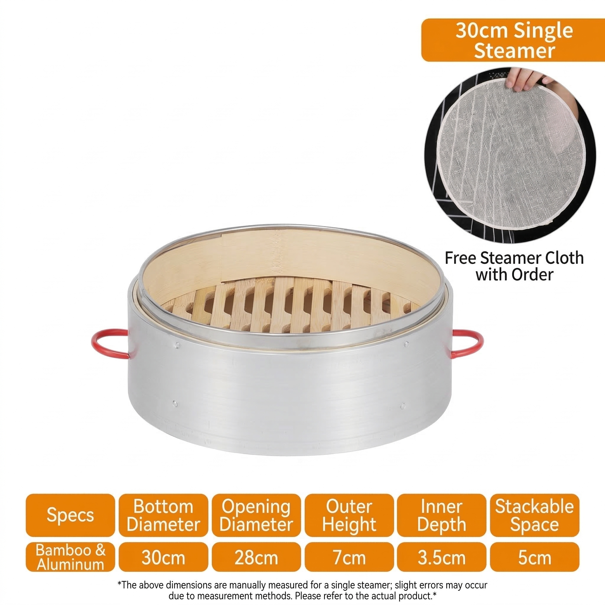 Premium Red Handle Bamboo Steamer-5-Year Durability Aluminum Reinforced Steam Cage