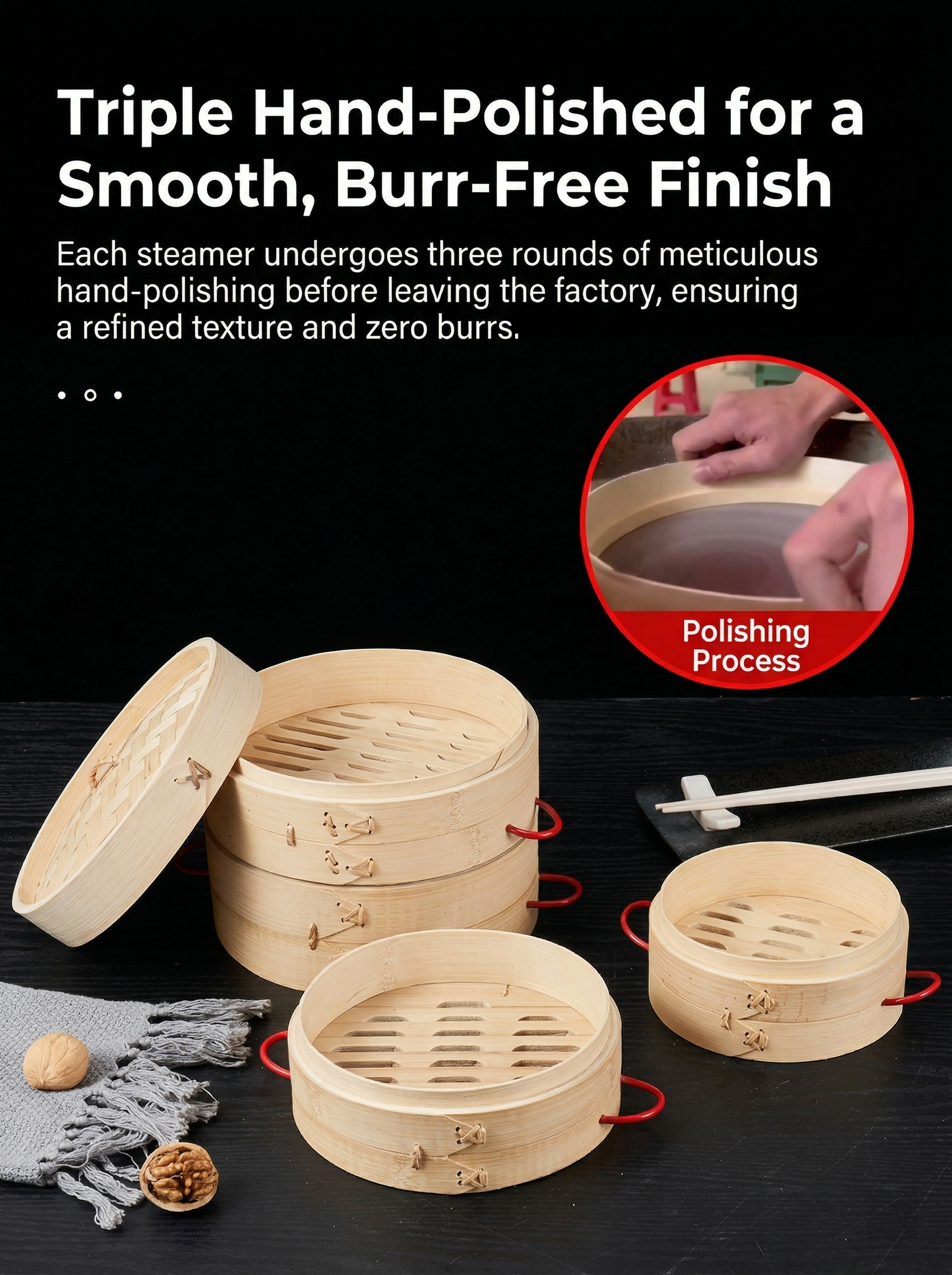 Natural Bamboo Steamer Double Handles - Healthy Steaming for Dumplings, Rice & More