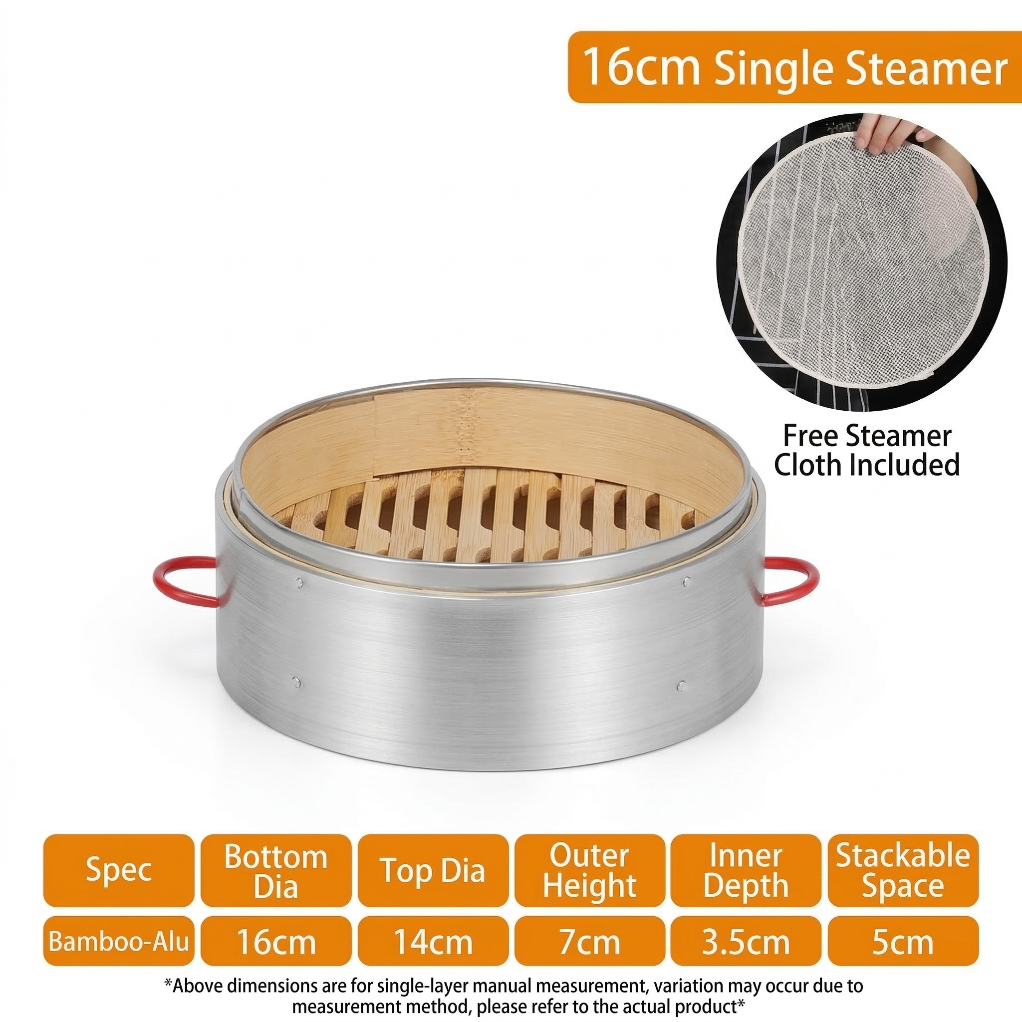 Premium Red Handle Bamboo Steamer-5-Year Durability Aluminum Reinforced Steam Cage